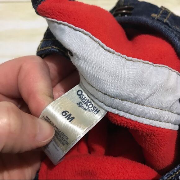 OshKosh Red Fleece Lined Dark Wash Denim Jean Bib Overalls Baby Boy Size 6 Month - Picture 2 of 3